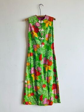 Vintage Midge Grant Dress 60s Floral Maxi Sheath Green Cotton Flower Power XS S
